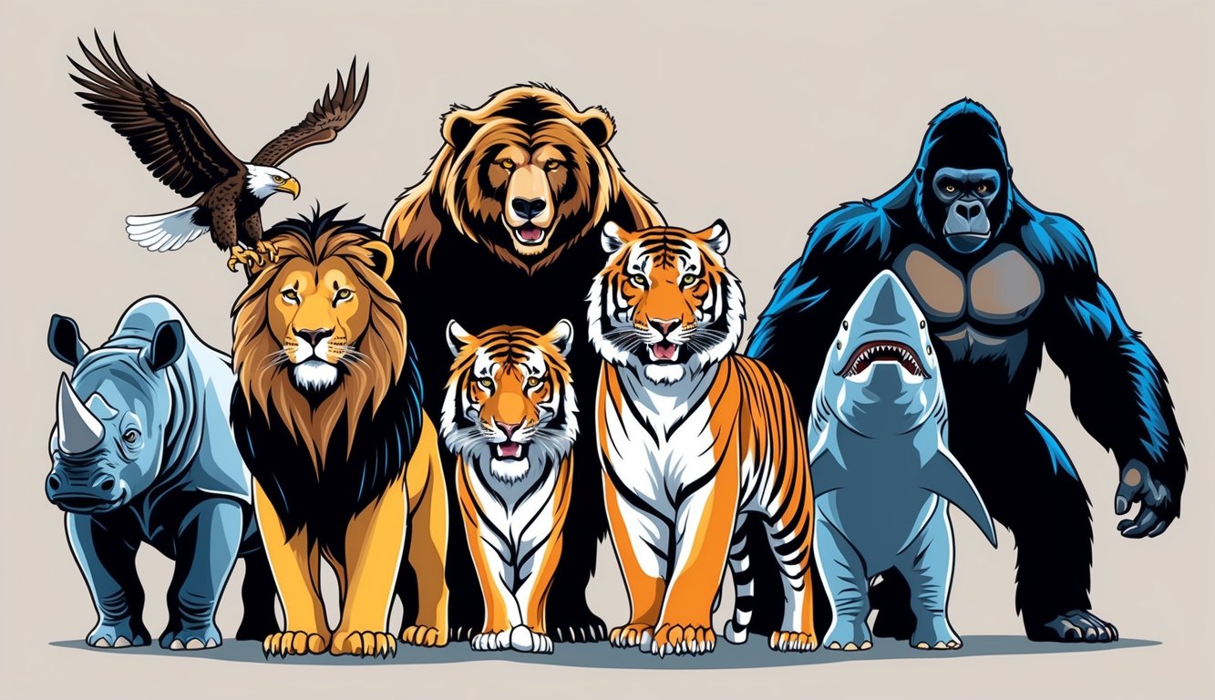 A lion, eagle, bear, wolf, tiger, rhino, shark, and gorilla stand together, emanating power and strength