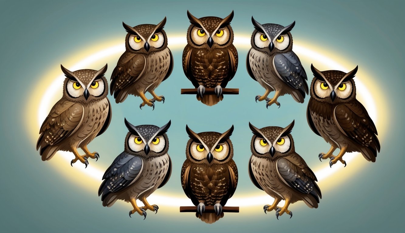 Nine owls perched in a circle, each with a unique pattern of feathers and glowing eyes, surrounded by a soft, healing light