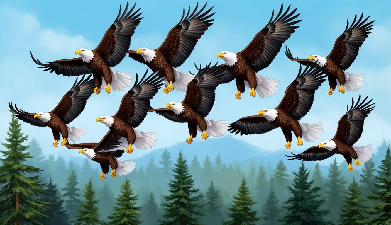 Nine eagles soaring above a tranquil forest, their wings outstretched and eyes focused, radiating a sense of strength and healing energy