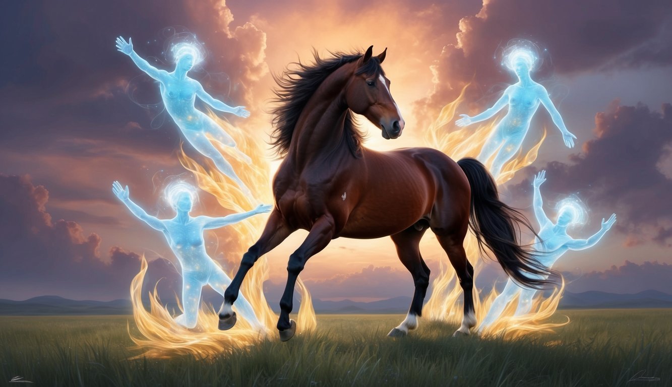 A majestic horse surrounded by ethereal, glowing spirits representing healing and recovery