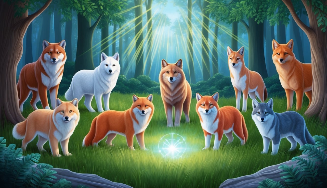 Nine spirit animals surround a tranquil forest clearing, each radiating a soothing energy that promotes healing and recovery