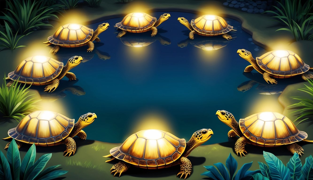 Nine turtles surrounding a serene pond, each emitting a soft glow, symbolizing healing and recovery