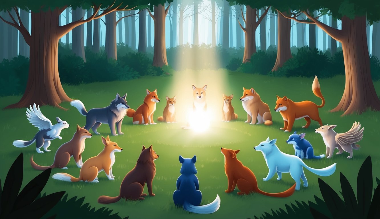 A serene forest clearing with 9 spirit animals, each representing a different aspect of healing and recovery, gathered around a central source of light