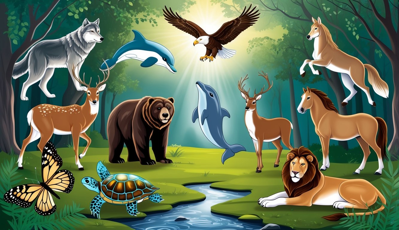 A serene forest clearing with a stream, surrounded by 9 spirit animals - a wolf, a bear, an eagle, a dolphin, a deer, a turtle, a butterfly, a horse, and a lion - each radiating a sense of healing and recovery