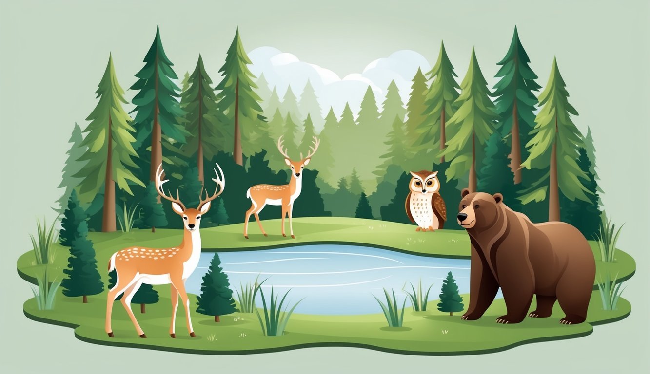 A serene forest clearing with animals representing healing and recovery, such as a gentle deer, wise owl, and nurturing bear, surrounding a peaceful pond