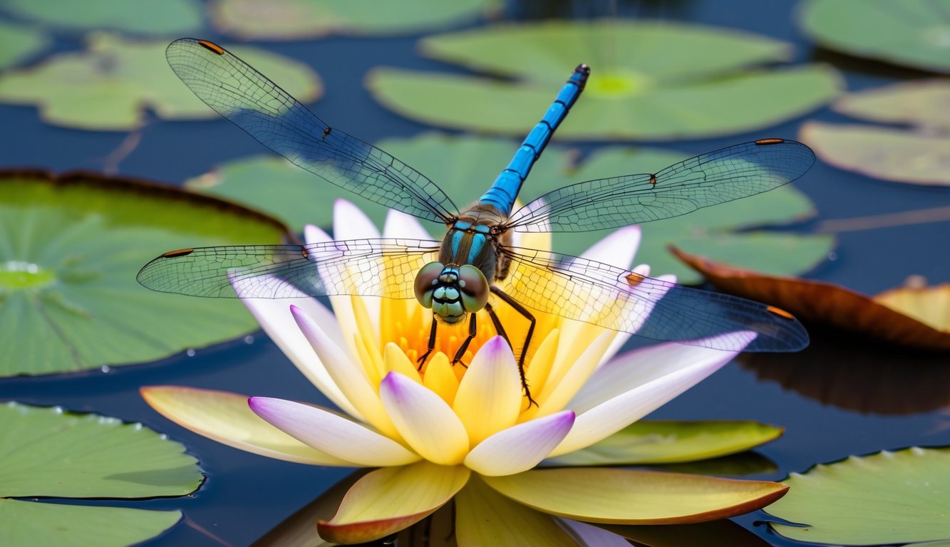 A dragonfly hovering over a blooming water lily, symbolizing transformation and adaptability in the natural world