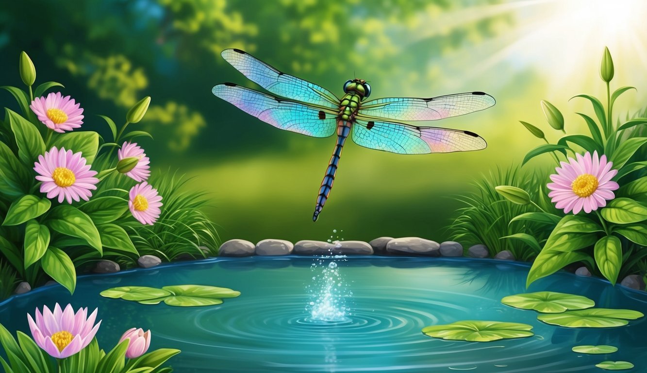 A dragonfly hovers over a tranquil pond, its iridescent wings catching the sunlight.</p><p>Surrounding it, lush greenery and blooming flowers symbolize growth and transformation