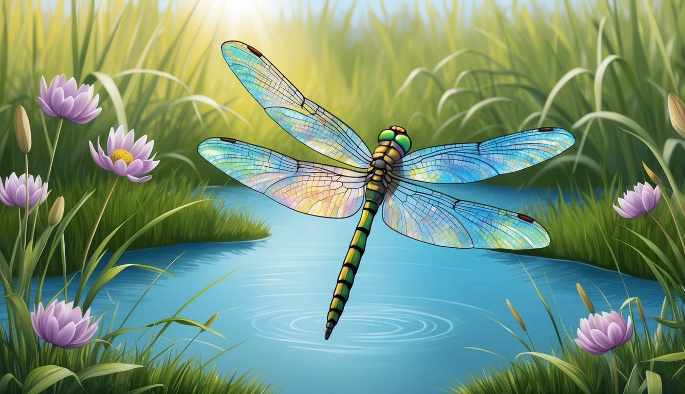 A dragonfly hovers over a pond, surrounded by blooming flowers and tall grass.</p><p>Its iridescent wings catch the sunlight as it symbolizes change and transformation