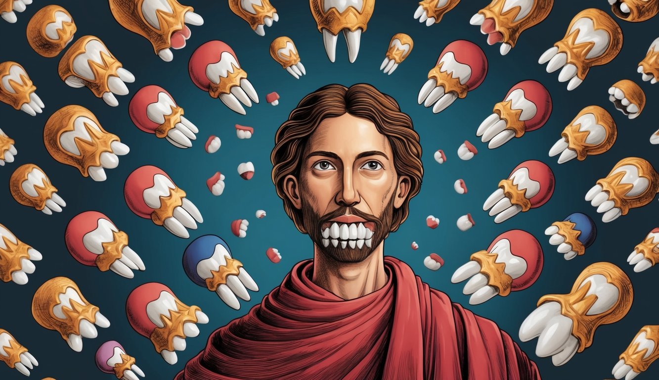 A figure surrounded by symbolic teeth, representing various cultural and religious interpretations of dreams about teeth falling out