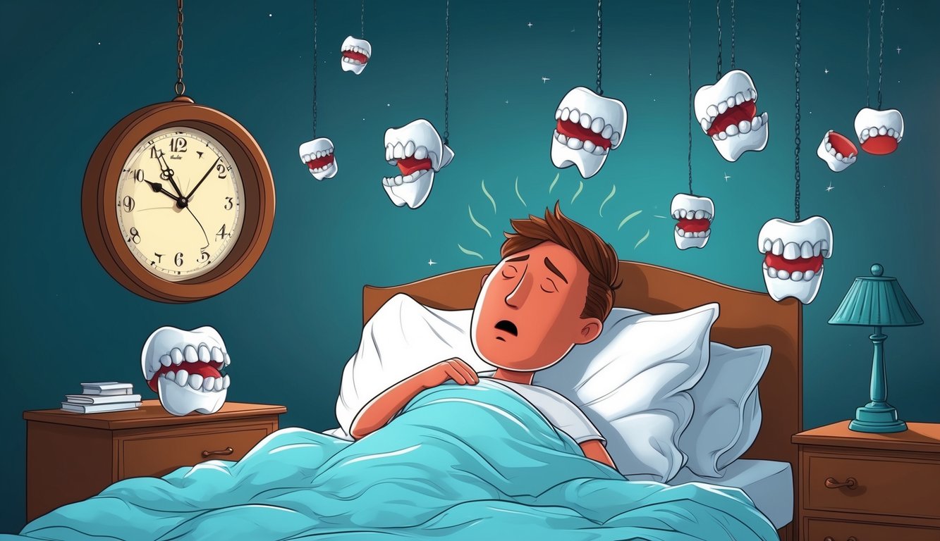 A person tossing and turning in bed, surrounded by floating teeth and a sense of unease