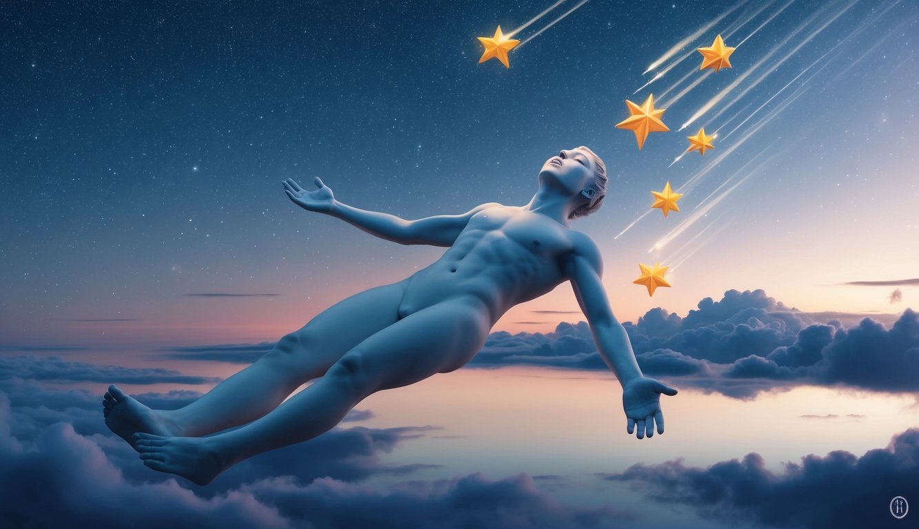 A figure floating in a serene, starry sky, with teeth falling like shooting stars, symbolizing spiritual transition