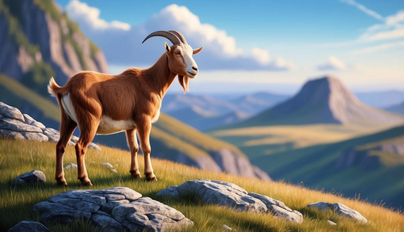 A goat standing on a rocky hill, gazing confidently into the distance with an air of wisdom and independence