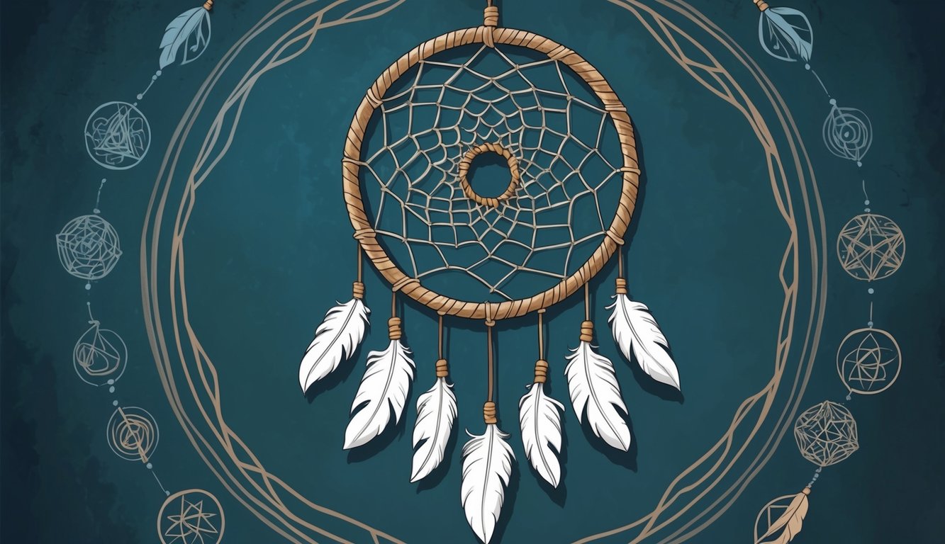 A dreamcatcher hanging on a wall, with teeth falling out depicted as feathers caught in its web, surrounded by mythological symbols