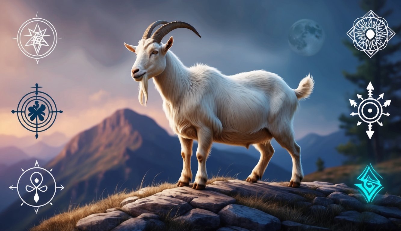 A goat standing on a rocky hill, surrounded by symbols of different cultures and folklore, with a mysterious and mystical aura