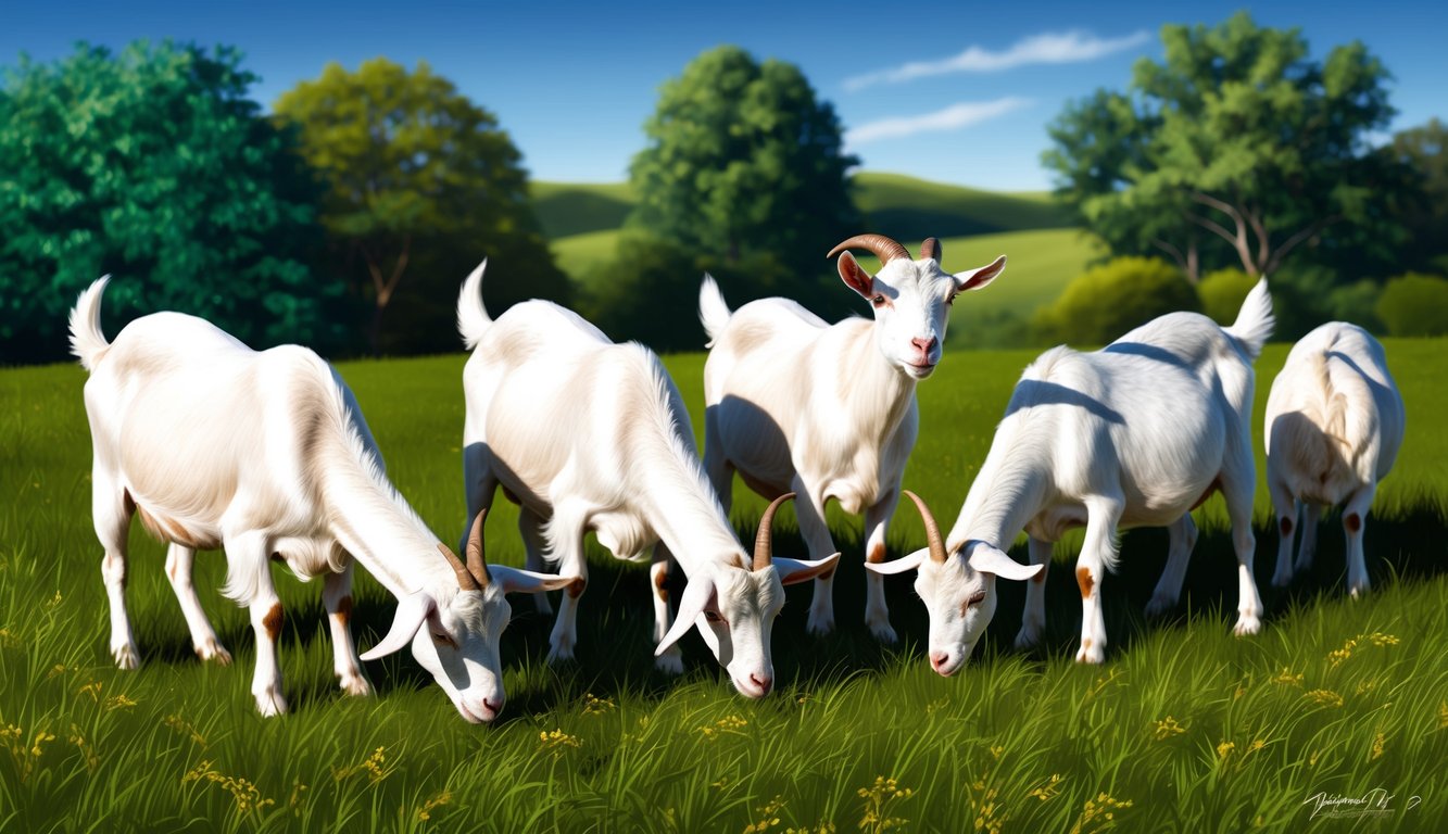 A group of goats grazing in a field, surrounded by lush greenery and a clear blue sky