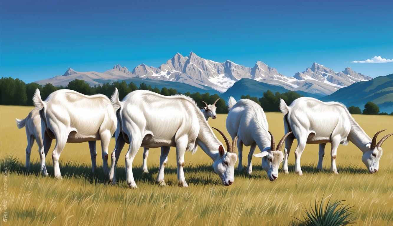 A group of goats grazing in a field, with a mountain range in the background and a clear blue sky above