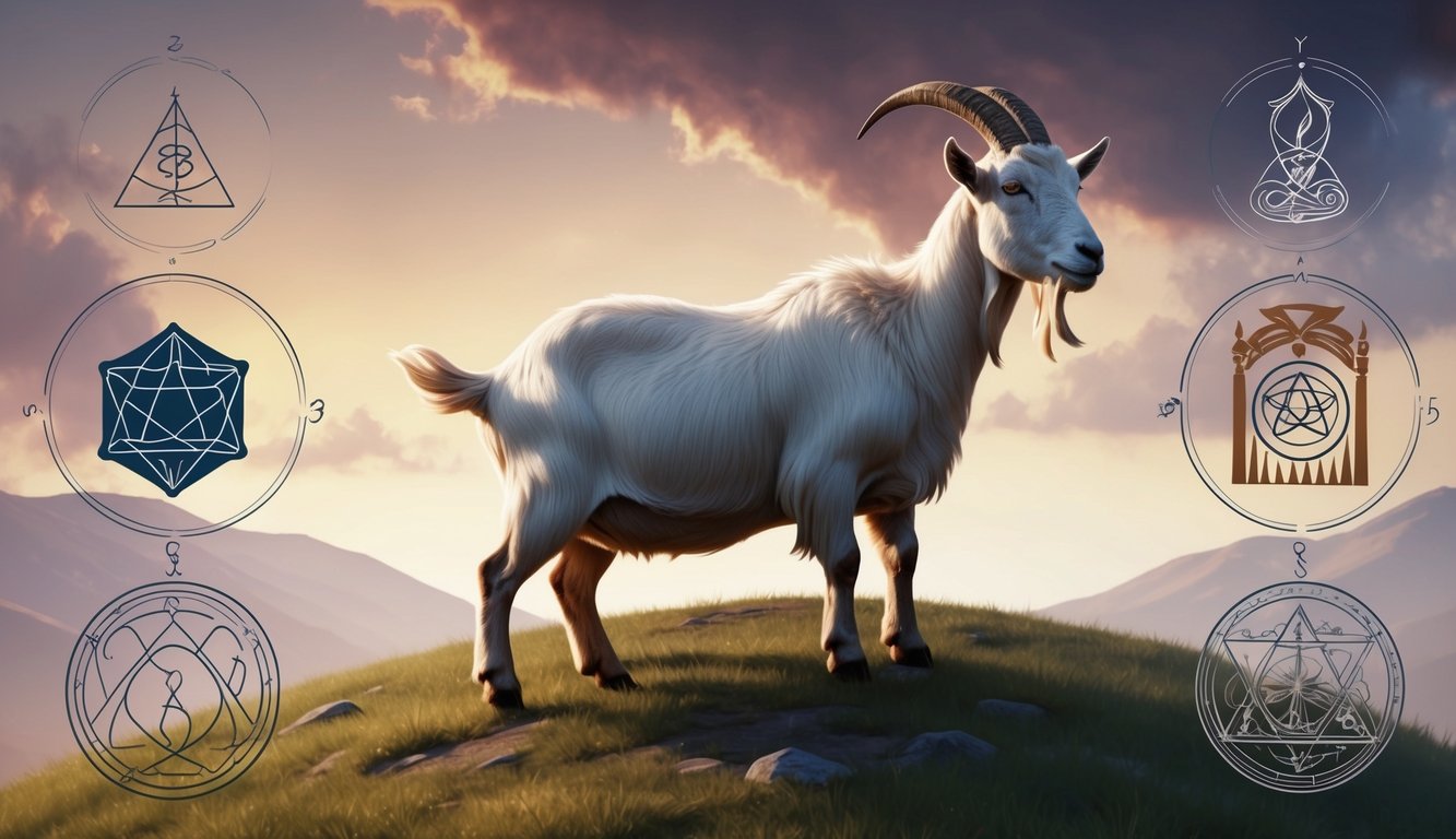 A goat standing on a hill, surrounded by symbols of wisdom and mystery