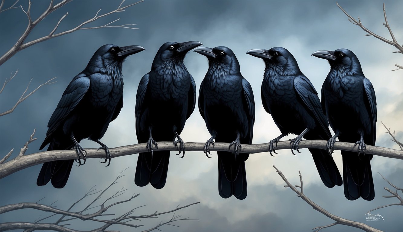 A group of crows perched on bare branches, their dark silhouettes against a moody sky, evoking a sense of mystery and intuition