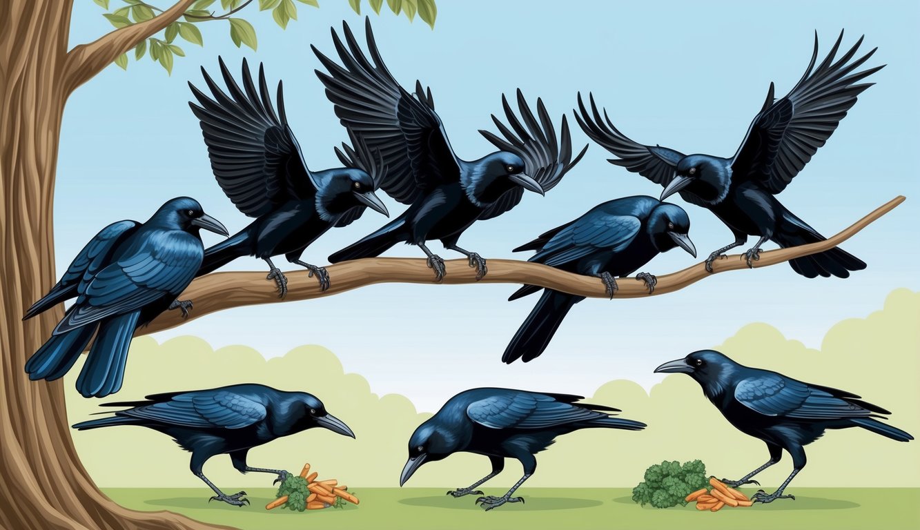 A group of crows perched on tree branches, cawing and flapping their wings, while others hop on the ground, pecking at food