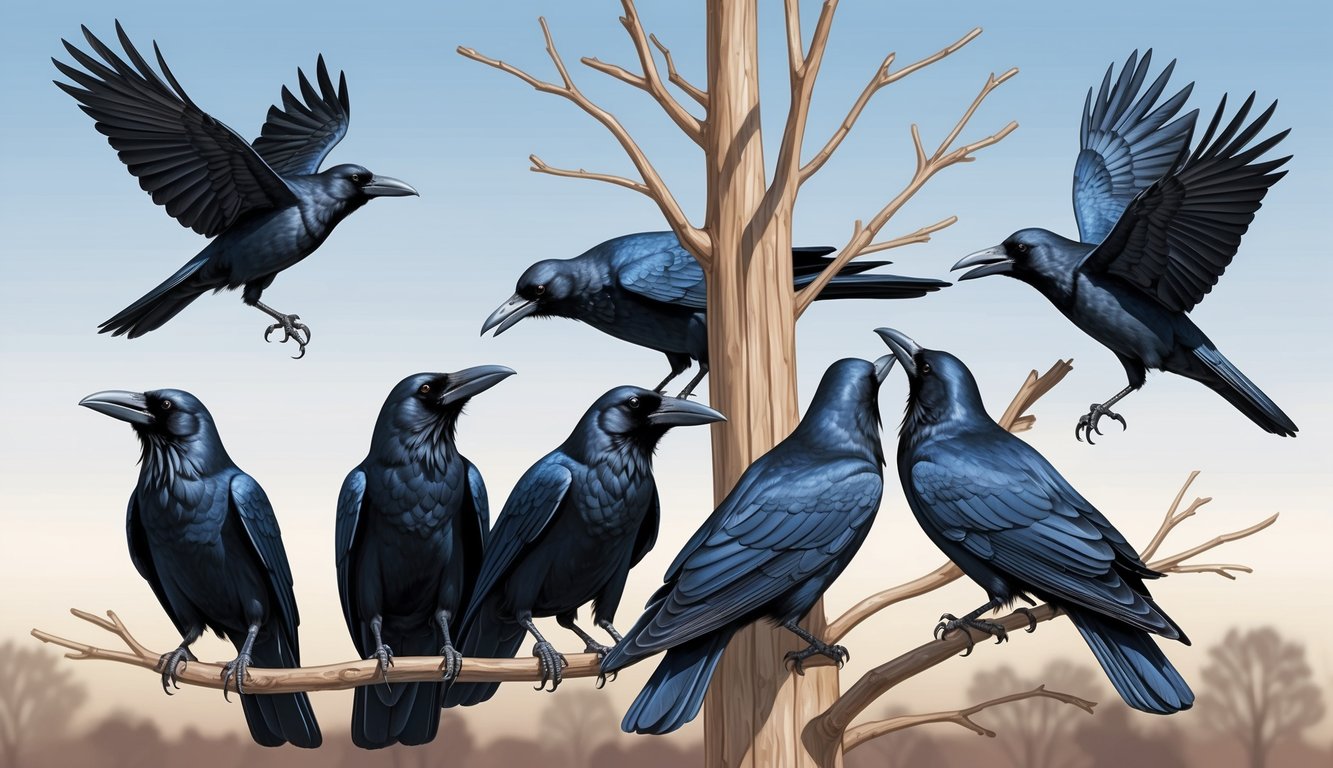 A murder of crows in a barren tree, one crow taking flight