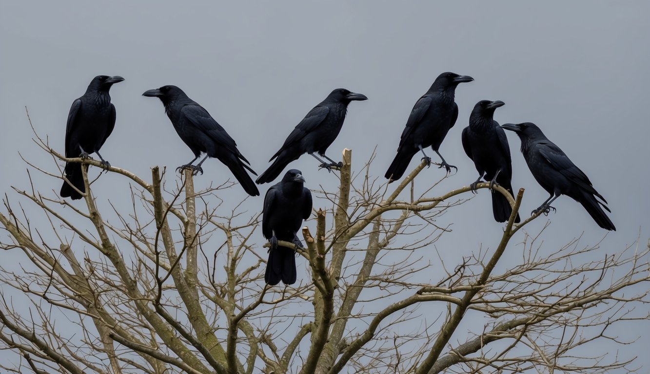 A murder of crows perched on a leafless tree, their black silhouettes stark against the gray sky