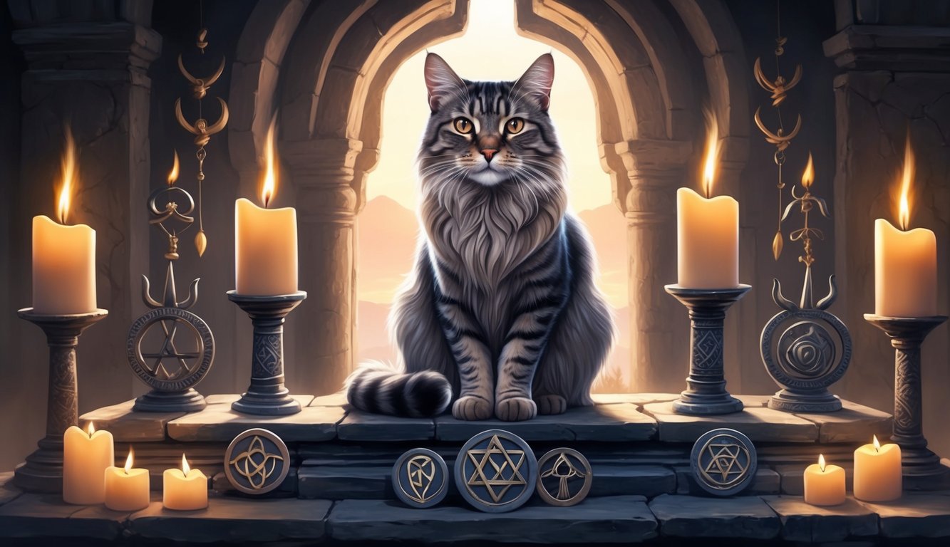 A majestic cat sits atop an ancient altar, surrounded by flickering candles and symbols of spirituality.</p><p>Its eyes are filled with wisdom and mystery