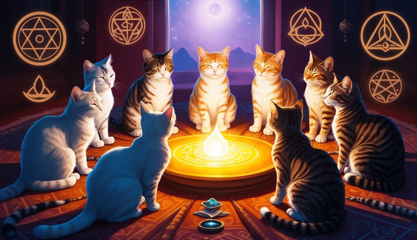 Cats gathered around a glowing altar, their eyes closed in meditation, surrounded by symbols of ancient spiritual practices