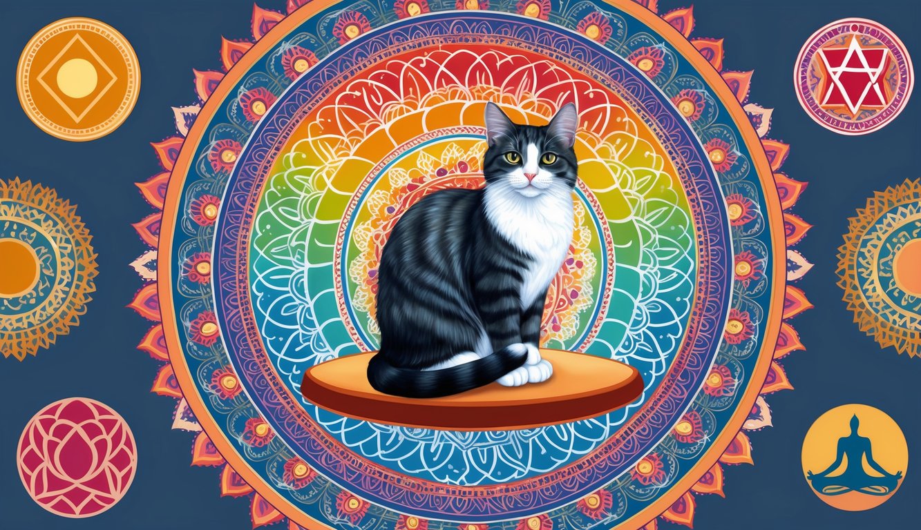 A serene cat sits atop a colorful mandala, surrounded by symbols of spirituality and cultural significance