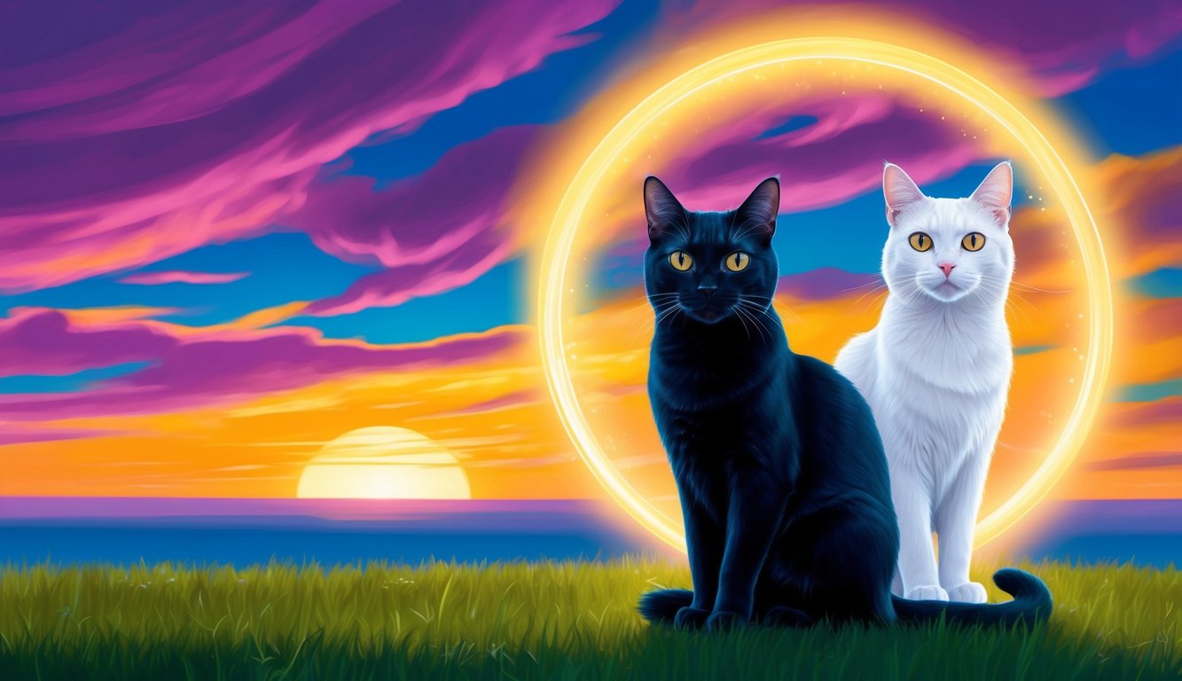 A black cat sits in front of a vibrant sunset, its eyes reflecting the colors of the sky.</p><p>A white cat stands beside it, surrounded by a halo of golden light