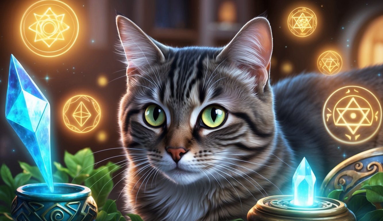 A cat surrounded by glowing symbols and mystical objects, with a sense of curiosity and wonder in its eyes