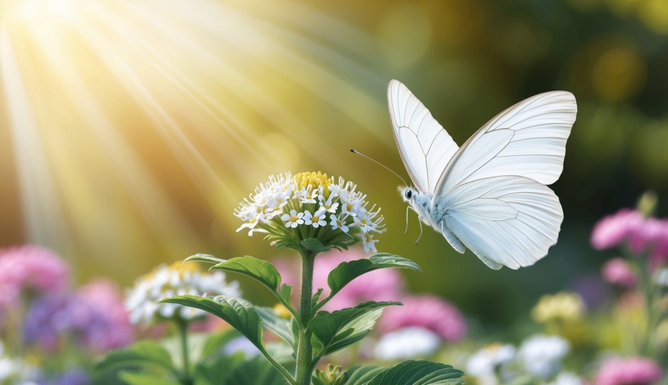 A white butterfly hovers over a blooming garden, surrounded by rays of sunlight and a sense of peace and tranquility