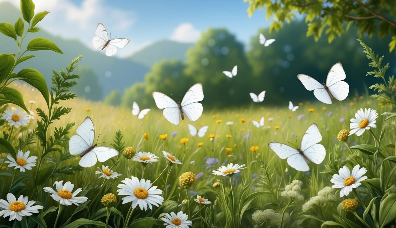 A serene meadow with white butterflies fluttering among wildflowers and lush green foliage