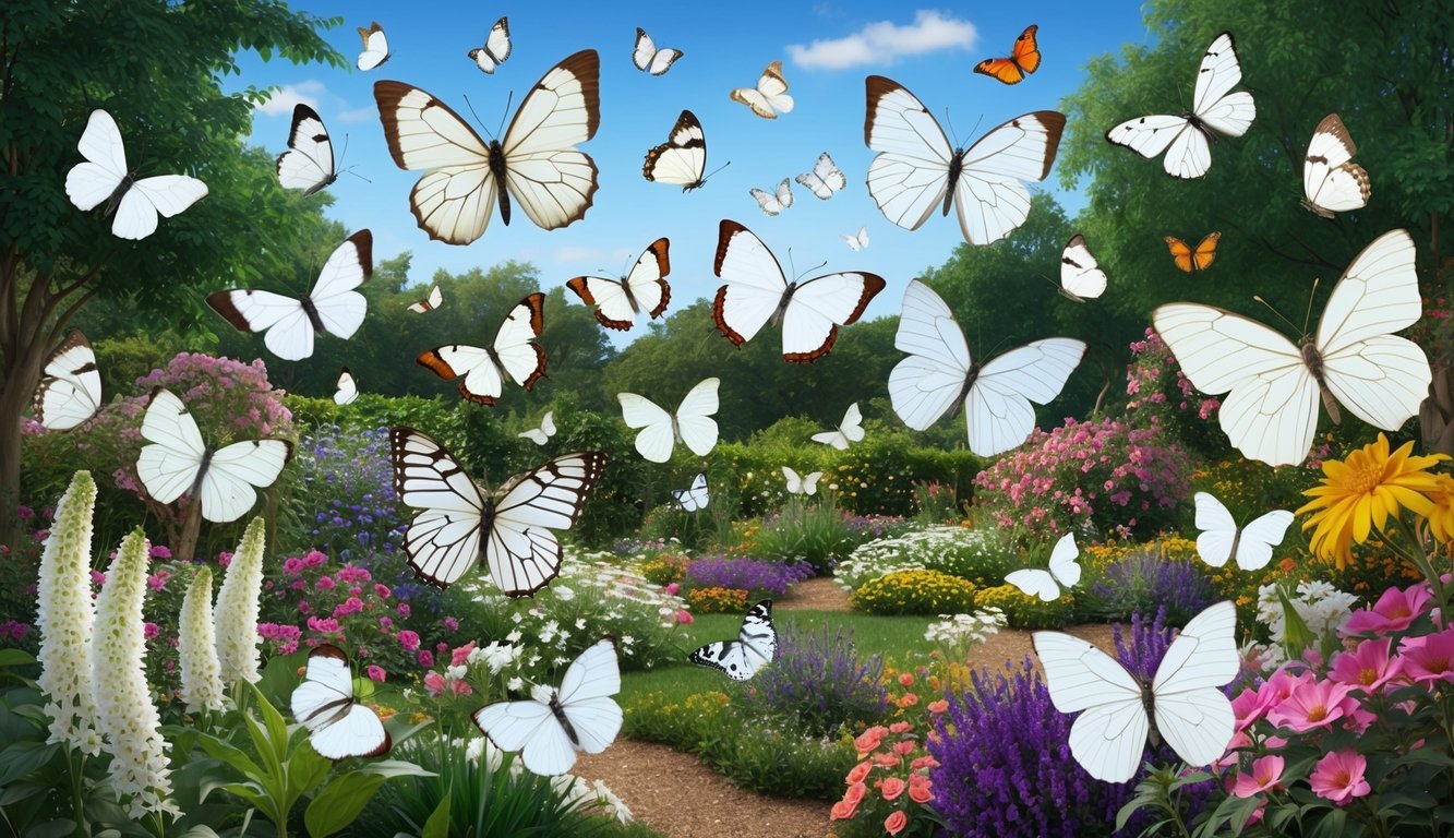 A garden filled with various white butterfly species fluttering among blooming flowers