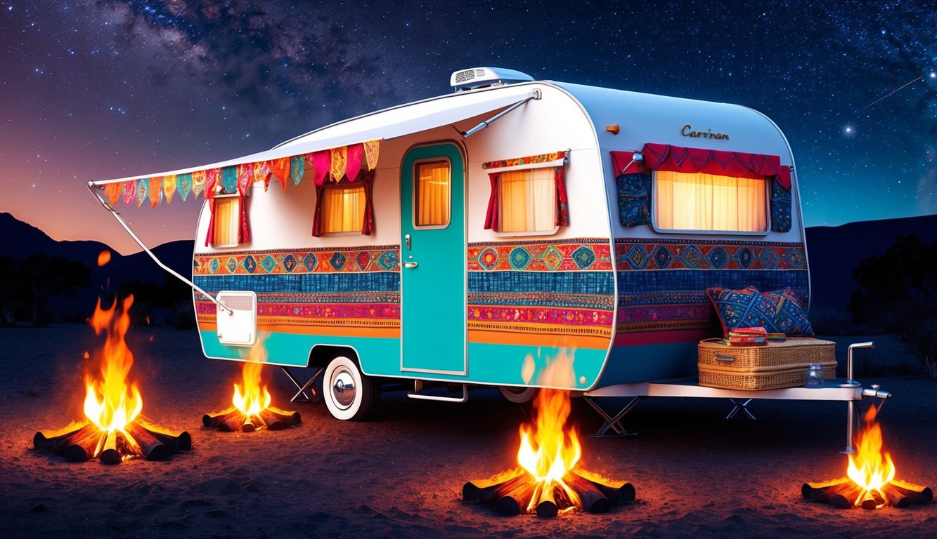 A vibrant caravan adorned with colorful fabrics and intricate patterns, surrounded by flickering campfires under a starry night sky