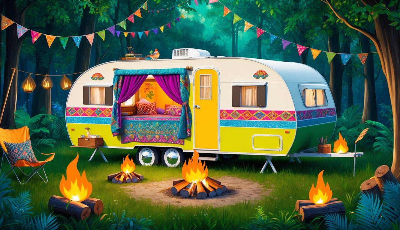 A colorful caravan nestled in a lush forest clearing, adorned with vibrant fabrics and intricate patterns, surrounded by flickering campfires and lively music