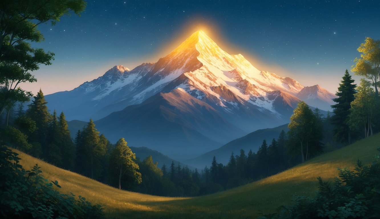 A serene mountain peak bathed in golden light, surrounded by lush greenery and a clear, star-filled sky