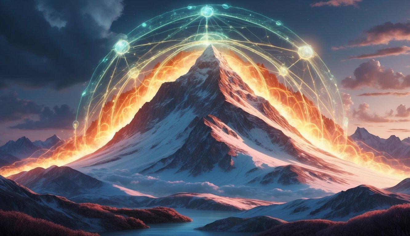 A serene mountain peak surrounded by glowing, interconnected energy fields