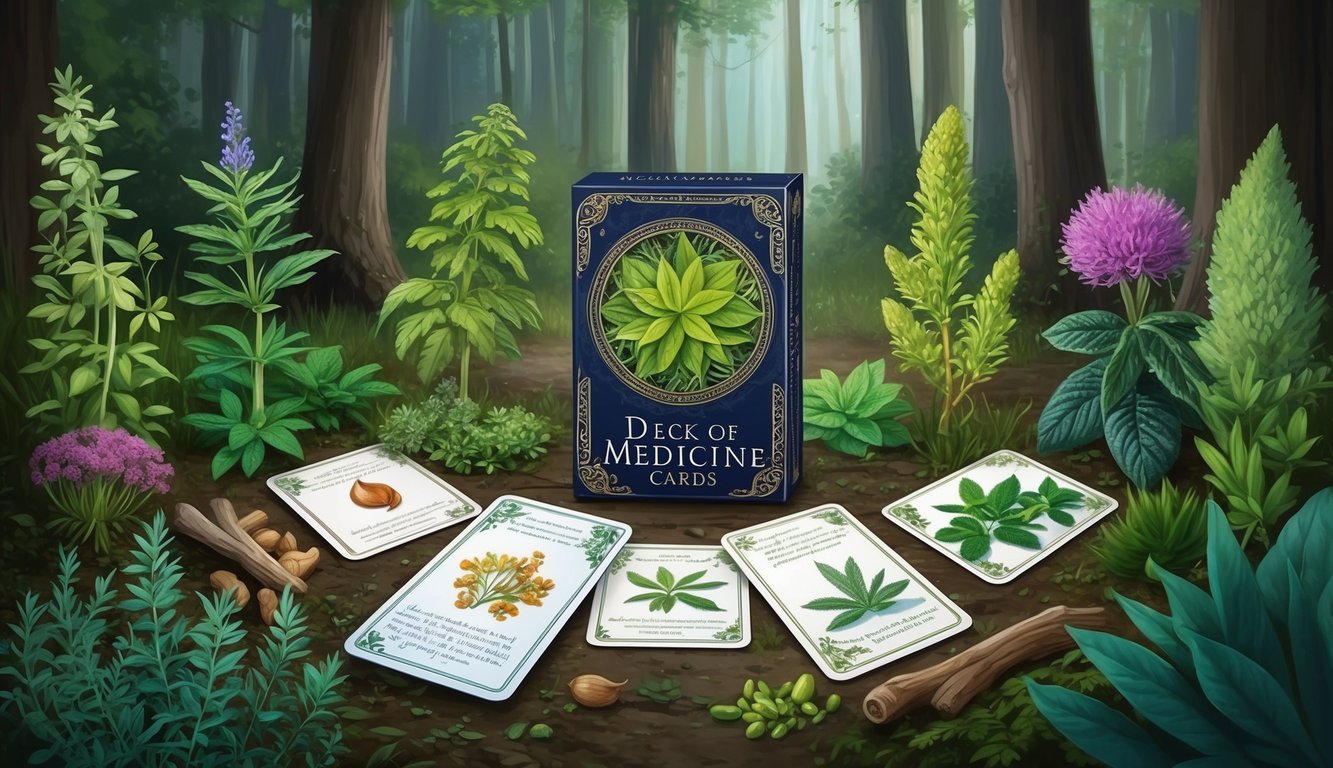 A serene forest clearing with various medicinal plants and herbs growing around a mystical-looking deck of medicine cards