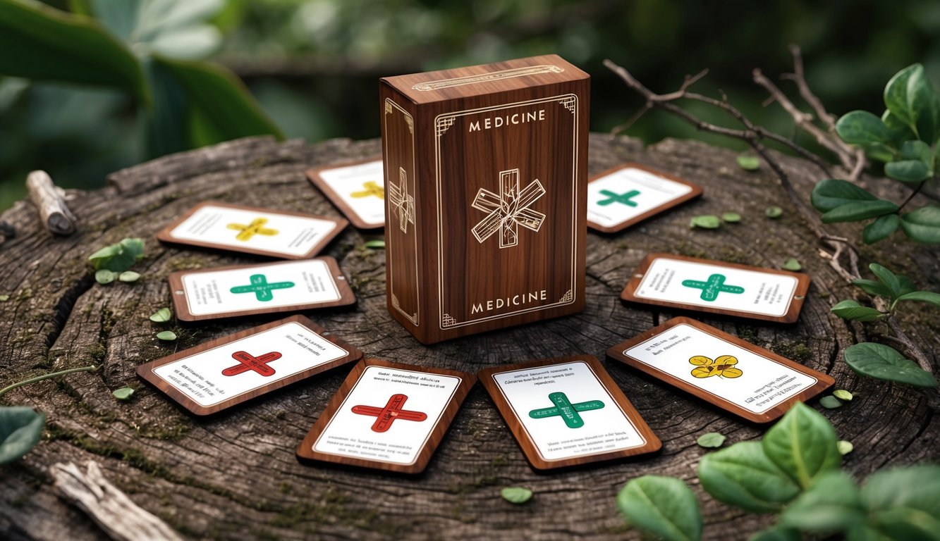 A wooden deck with scattered medicine cards, surrounded by nature