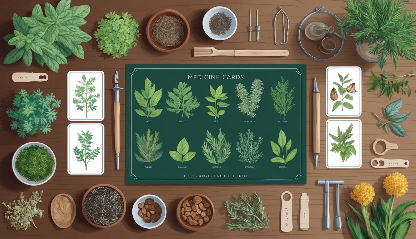 A table with various herbs, plants, and tools arranged for creating medicine cards