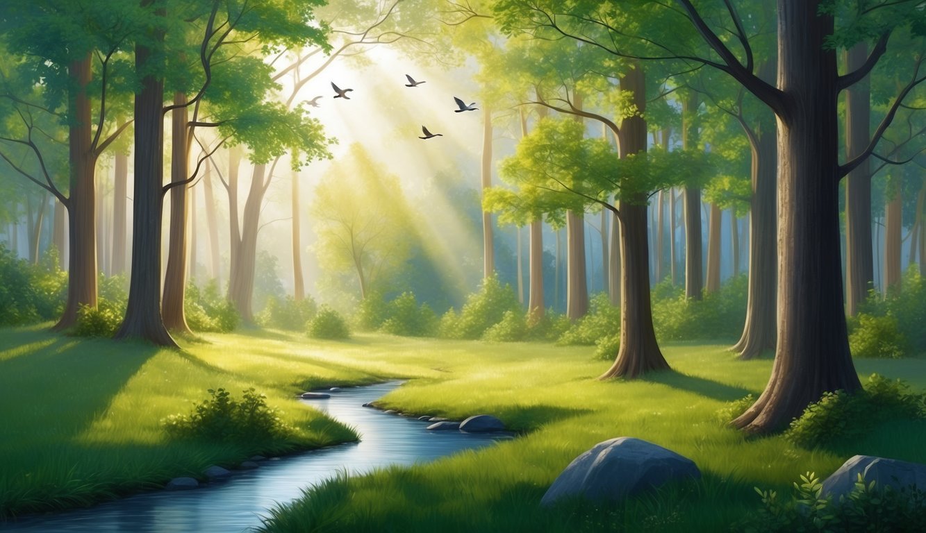 A serene forest clearing with sunlight filtering through the trees, birdsong filling the air, and a gentle stream flowing through the landscape