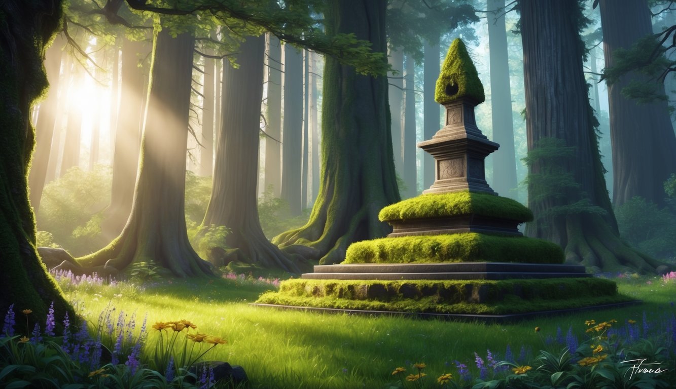 Sunlight filtering through dense forest canopy, illuminating a moss-covered stone altar surrounded by vibrant wildflowers and towering ancient trees