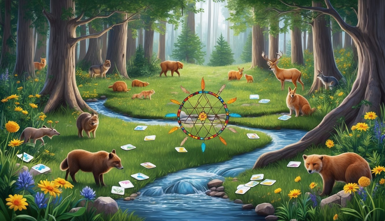 A serene forest clearing with a flowing stream, surrounded by vibrant wildflowers and animals.</p><p>A medicine wheel sits at the center, with Medicine Cards scattered around it