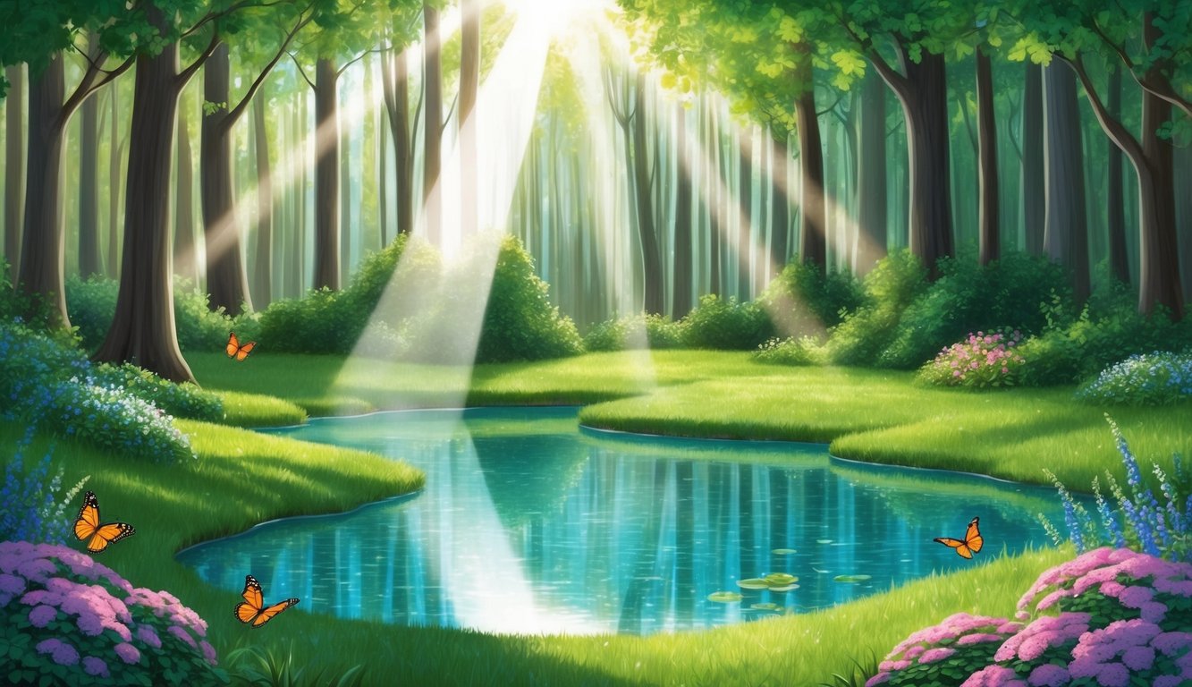 A serene forest clearing with a beam of light shining through the canopy onto a crystal-clear pond, surrounded by vibrant flowers and butterflies