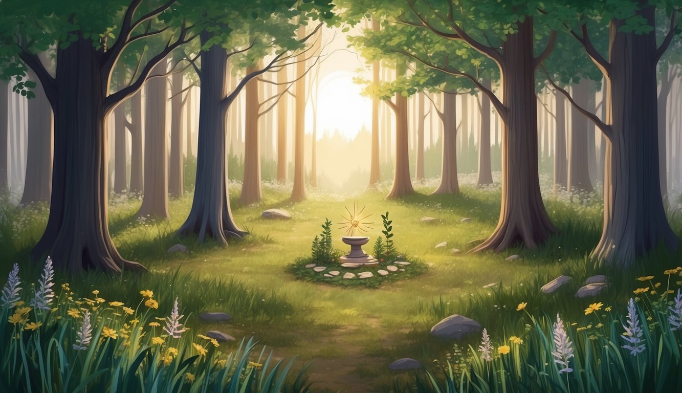 A serene forest clearing with a small altar of natural elements, surrounded by trees and wildflowers, with the sun casting warm light through the canopy