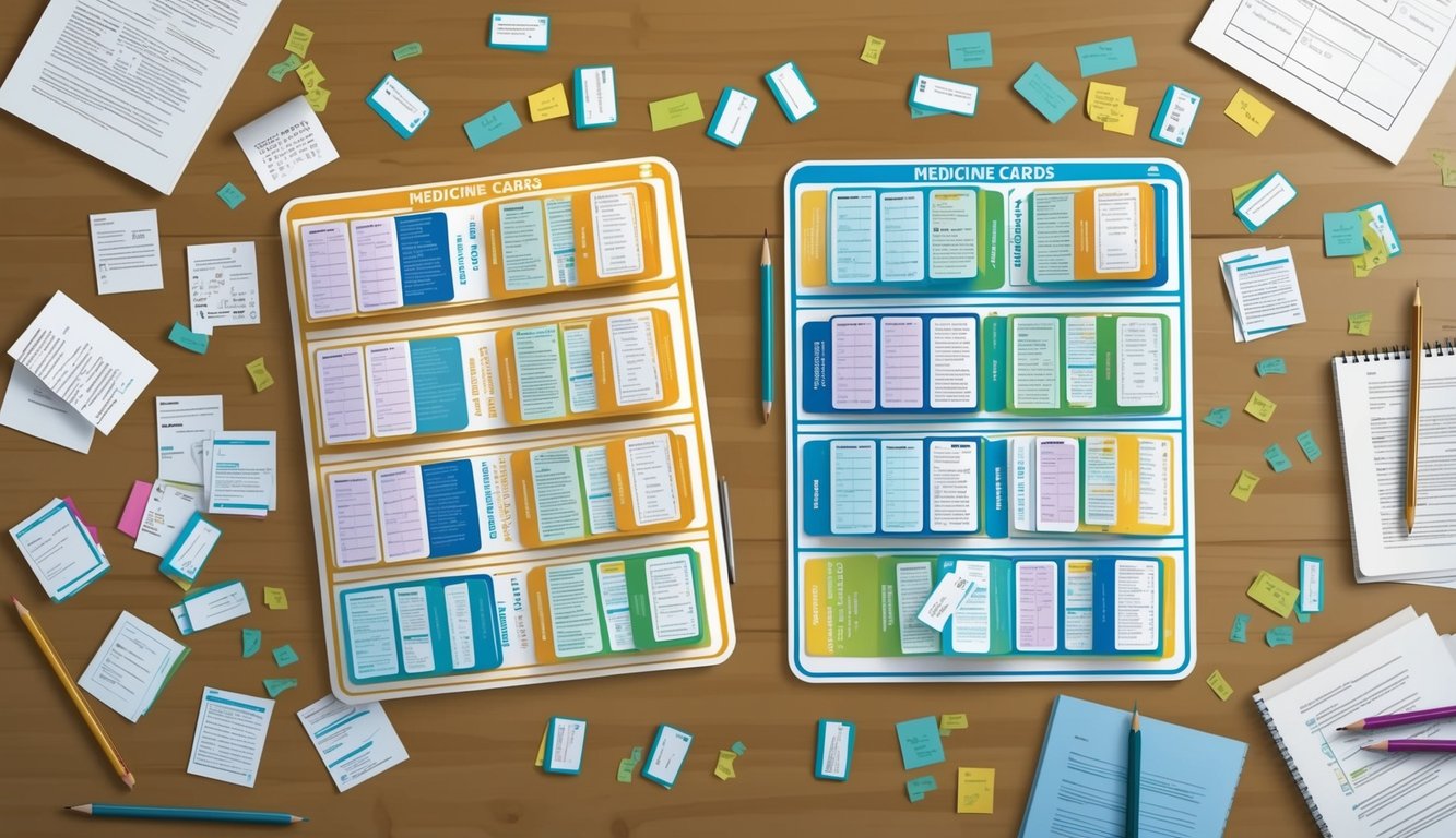 A table with two sets of medicine cards, one laid out neatly and the other in disarray, surrounded by scattered notes and research papers