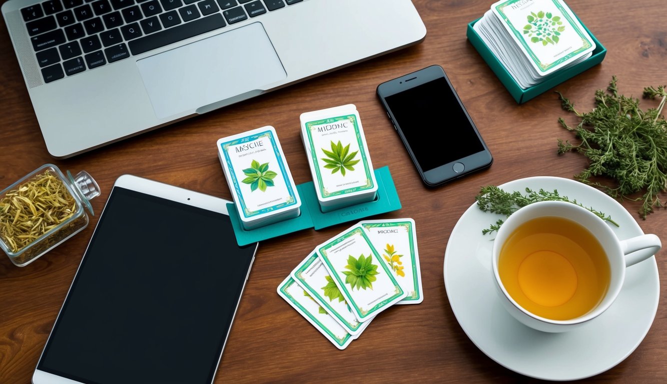 A modern table with a deck of medicine cards, surrounded by a laptop, smartphone, and a cup of herbal tea