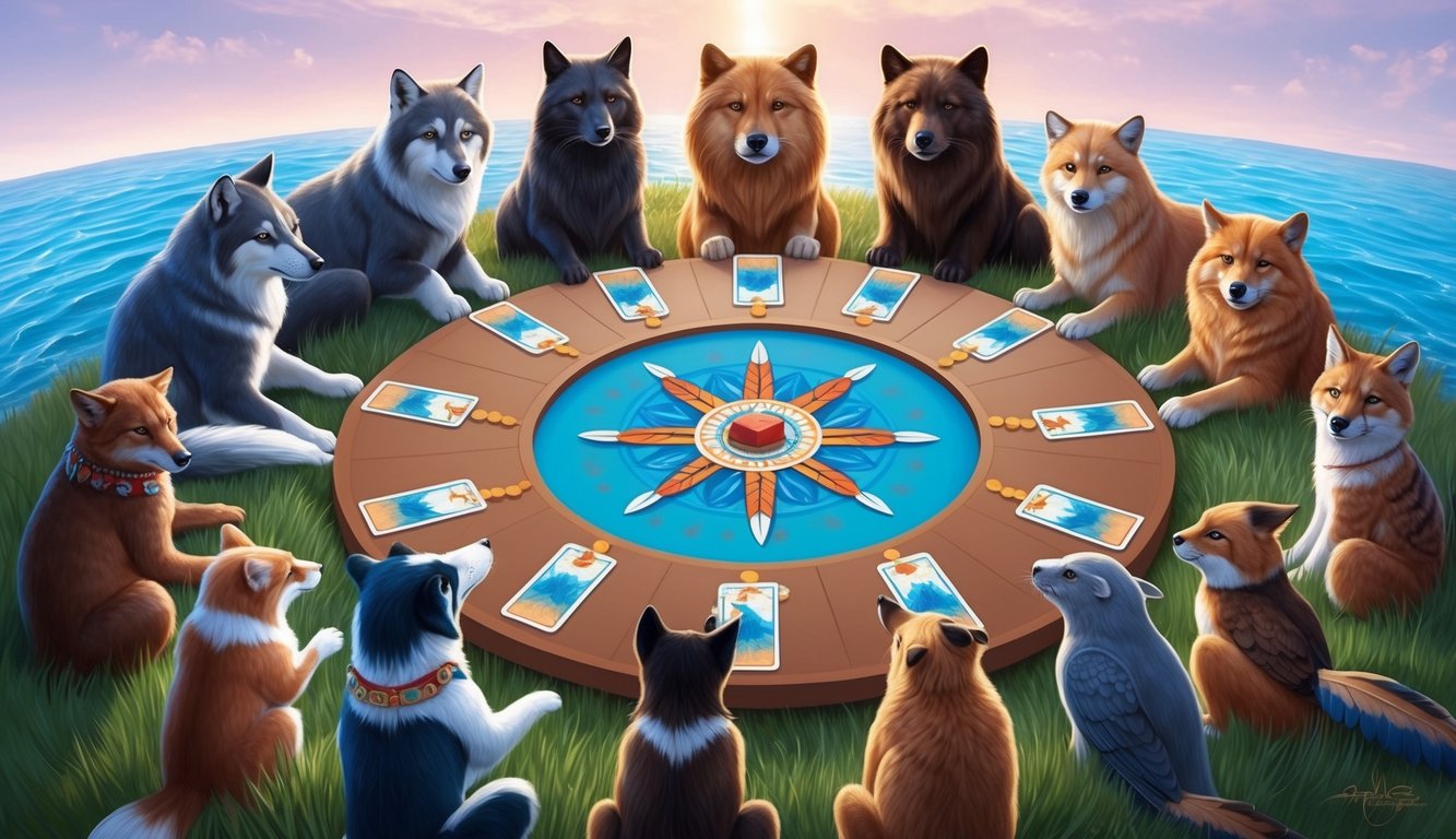 A group of animals gather around a medicine wheel, each holding a medicine card in their paws, feathers, or fins