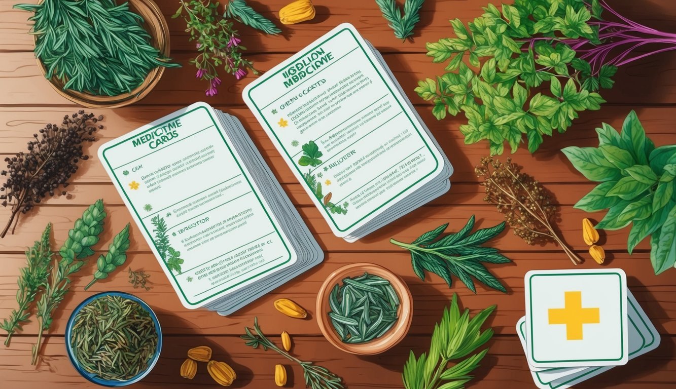 A table with open medicine cards surrounded by various herbs and plants