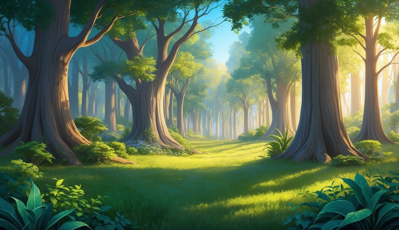 A serene forest clearing, sunlight filtering through the canopy, surrounded by ancient trees and vibrant plant life, evoking a sense of nature spirituality